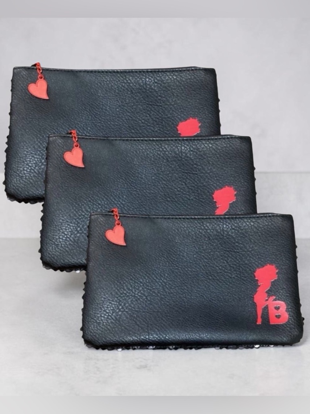 3 Betty Boop X Ipsy Sequined Black & Red Makeup Bag Clutch Purse Red Heart Zip